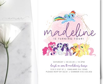 Modern Rainbow Dash Watercolor Minimalist Invitation, Modern My Little Pony Girls Birthday Invitation, Rainbow Dash Pony Party Invitation