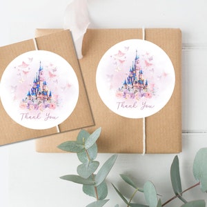 Once Upon A Time Castle Thank You Favor Stickers, Geburtstags-Aufkleber, Modern, Aquarell, Pastellblumen, Butterly, Prinzessin, Dusche