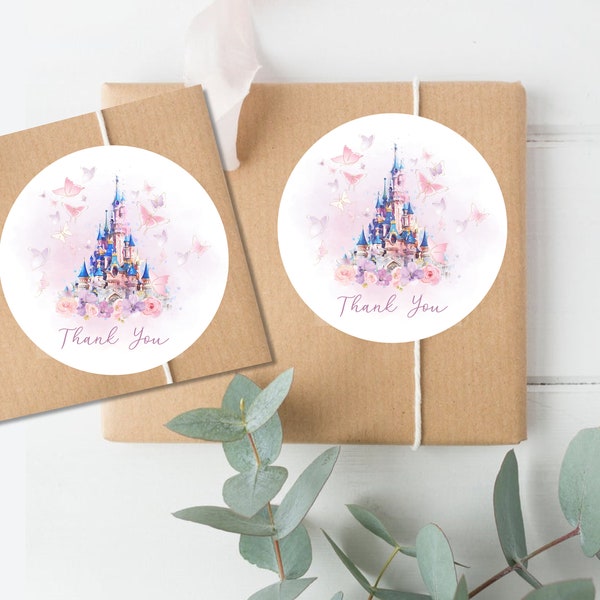 Once Upon A Time Castle Thank You Favor Stickers, Birthday favor stickers, Modern, Watercolor, Pastel flowers, Butterly, Princess, shower