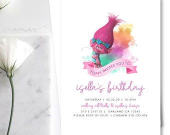 Modern Trolls Girl Birthday Invitation, Minimalist Poppy Troll Invite, Girly Poppy Trolls Invitation, Girls Poppy Trolls Birthday, Rainbow