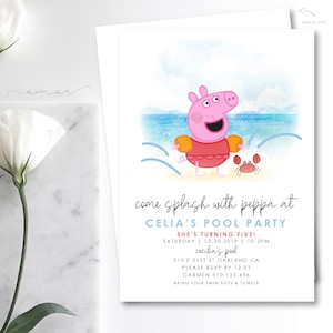 Modern Peppa Pig Girl Birthday Invitation, Minimalist Peppa Big Birthday Invitation, Peppa Pig Swim Pool Party Invitation, Peppa Watercolor