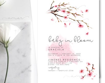 Modern Baby in Bloom Invitation, Minimalist Cherry Blossom Invitation, Watercolor Cherry Blossom Invitation, Spring Baby Shower Invitation