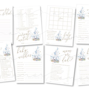 Peut inclure: Un ensemble de cartes de jeu de baby shower imprimables avec une illustration aquarelle du château de Cendrillon. Les jeux comprennent "What's in Your Phone?", "Baby Wishes", "Parent Match", "Baby Bingo", "Mom or Dad?", "Who Knows Mom Best?" et "Baby Advice".