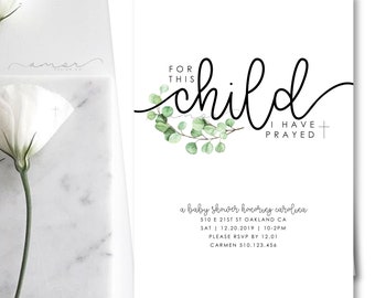 Minimalistisk kristen löv babyshowerinbjudan, För detta barn har jag bett babyshowerinbjudan, modern kristen babyshowerinbjudan
