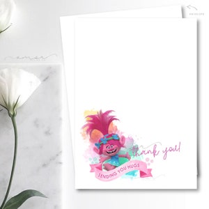 Moderne Trolle Mädchen Dankeskarte, minimalistische Mohn Troll Dankeskarte, girly Mohn Trolle Karte, Mädchen Mohn Trolle Geburtstag, Regenbogen