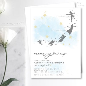 Invitation d’anniversaire Modern Flying Silhouette, Invitation de conte de fées, Fête d’anniversaire unique, Anniversaire volant, Invitation au ciel à l’aquarelle, belle