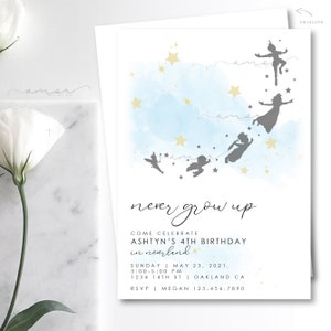 Modern Flying Silhouette Birthday Invitation, Fairytale Invite, Unique Birthday party, Flying Birthday, Watercolor Sky invite, belle