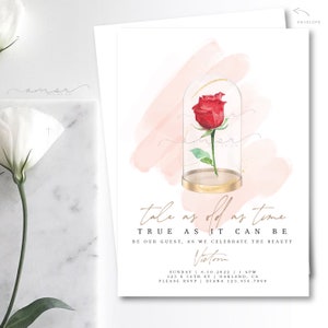 Convite para chá de bebê Glass Rose, Convite de beleza, Uma belezinha está a caminho, clochê, convite de rosa, conto tão antigo quanto o tempo, rosa encantada