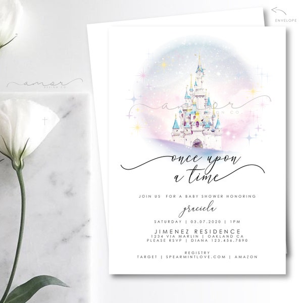 Modern Pastel Baby Shower Invitation, Pastel Castle Baby Shower Invitation, Minimalist Baby Shower Invitation, Once Upon A Time, soft colors