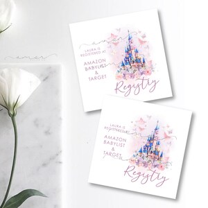Once Upon A Time Castle Baby Shower Registry card, Insert, Minimalistisch, Modern, Aquarel, Pastel bloemen, Goud, Butterly, Prinses, Info