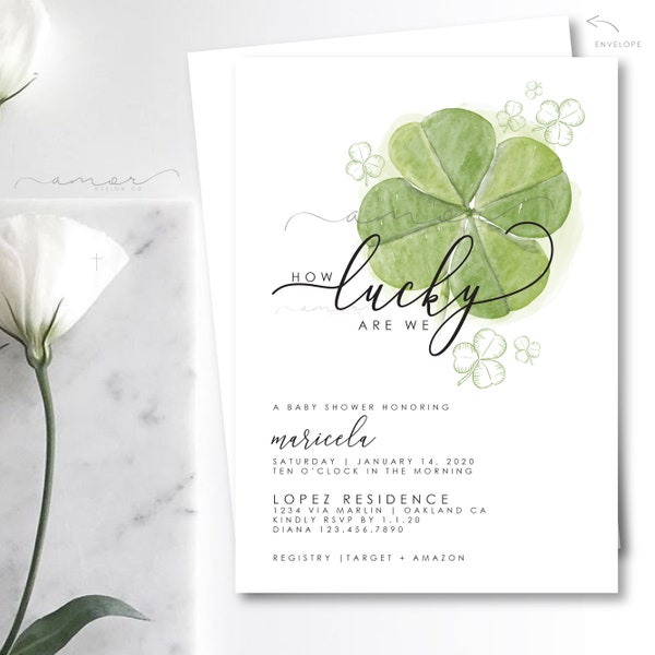 Modern Minimalist Watercolor March Baby Shower Invitation, A little Luck is on the Way Baby Shower, Lucky Four Leaf Clover Baby Shower