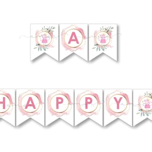 Printable Modern Peppa Pig Girl Birthday Banner, Minimalist Peppa Big Birthday Sign, Peppa Pig Greenery Floral, Peppa Watercolor Party Decor