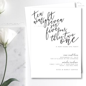 May include: A white invitation card with black calligraphy that reads "ten nine eight seven six five four three two one" and the text "A New Years Eve Party". The invitation details a party on December 31, 2019 at 10:00 PM at the Morales Residence, 15821 14th St., Oakland, CA. The RSVP number is 123-456-7890. The invitation also states "Bites & Bubbly Served".