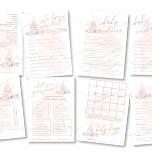 Es war einmal Schloss Baby Shower Spiele, minimalistisch, modern, Aquarell, Pastell Blumen, Gold, zierlich, einfach, gedämpft, Baby Spiel Pack, Wunsch