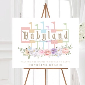 DIGITAL Babyland Baby Shower Welcome Sign, Modern, Minimal, Muted Rainbow, Pastel, Happiest shower on earth, happiest birthday on earth