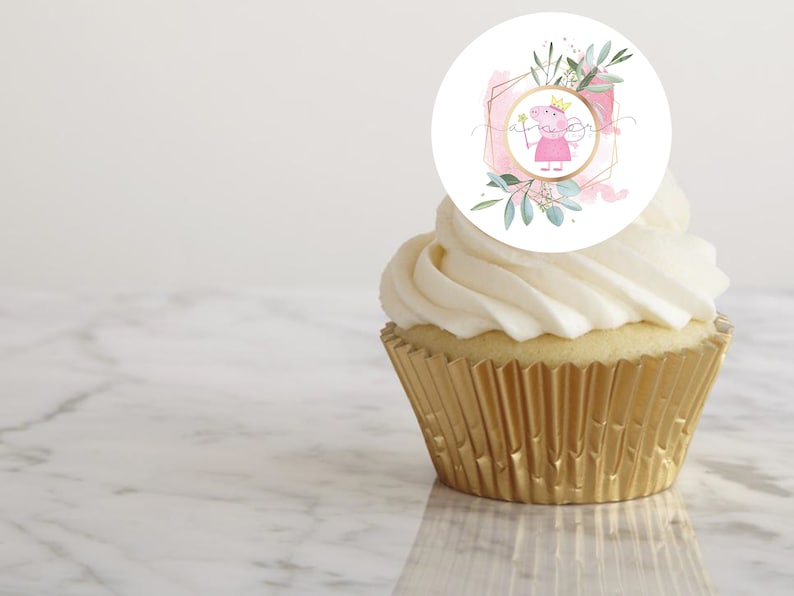 Minimalist Peppa Big Birthday Peppa Watercolor Decor Peppa Pig Greenery Floral Printable Modern Peppa Pig Girl Birthday Cupcake Toppers