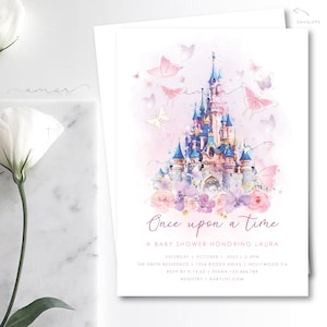 Invito per la doccia per bambini del castello di C'era una volta, primo compleanno, minimalista, moderno, acquerello, fiori pastello, oro, farfalla, principessa
