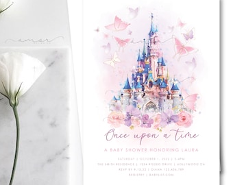 Érase una vez Castillo Baby Shower Invitación, Primer Cumpleaños, Minimalista, Moderno, Acuarela, Flores Pastel, Oro, Mariposa, Princesa