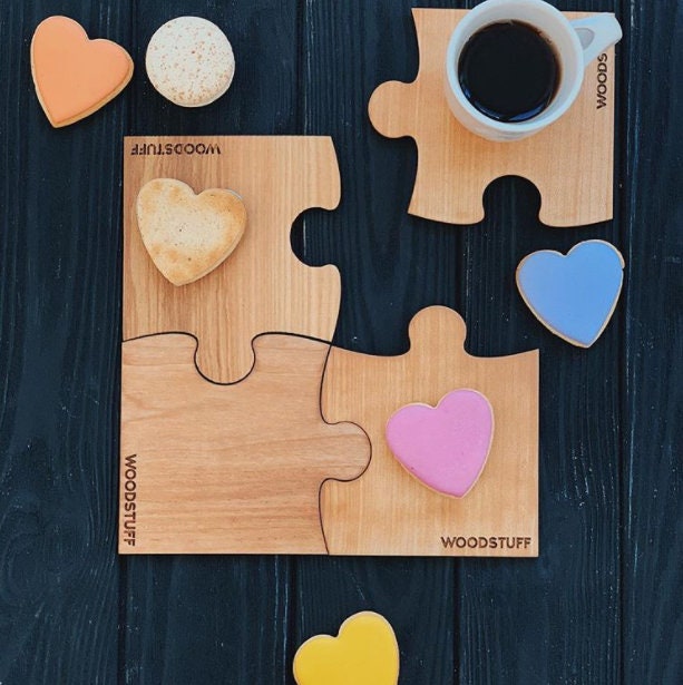 Jigsaw Puzzle Piece Coasters Set of 4 Personalized Wooden Etsy