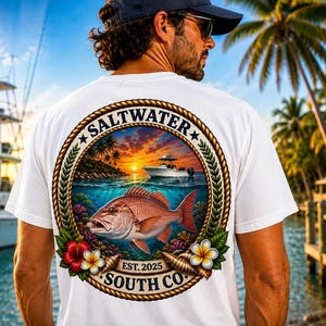 May include: A white t-shirt featuring a circular graphic on the back. The design includes a red snapper fish, a boat on the water at sunset, palm trees, and tropical flowers. The text reads SALTWATER, EST. 2025, and SOUTH CO within a rope border.