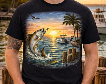 Maglietta da pesca al tarpon, maglietta da pescatore costiero, maglietta con grafica al tramonto in mare