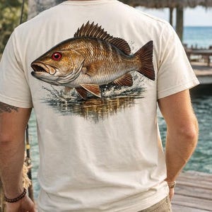 Peut inclure: T-shirt beige avec une illustration détaillée d'un poisson sautant hors de l'eau. Le poisson brun aux yeux rouges est représenté sur un fond d'eau et de reflets. Le t-shirt est porté par une personne.