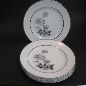 Yamato nocturne porcelain four salad plates, china dishes, silver rings, black, grey & slight pink roses on white.  Vintage, 1950. Japan.