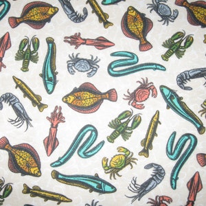 Flannel fabric lake animals, fish, eels, lobsters. 100% cotton. New not washed. Sold by the yard, 42 inches wide.