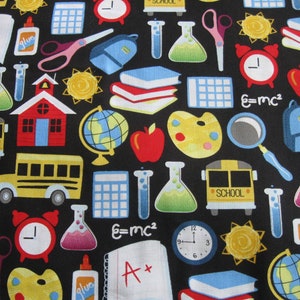 May include: A black background with a variety of colorful school-themed illustrations, including a school bus, a globe, a calculator, a paint palette, a red apple, a book stack, a magnifying glass, a schoolhouse, a clock, a test tube, a beaker, a backpack, a pair of scissors, a sun, a notebook with an A+ grade, and the equation E=mc².