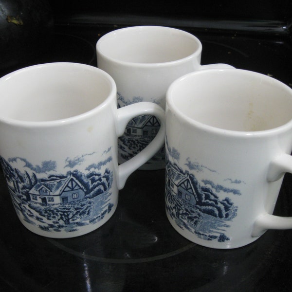 Wedgwood Countryside blue china three cups for snack trays.  No trays. Transferware, smooth. 1966 - 1968. Vintage.