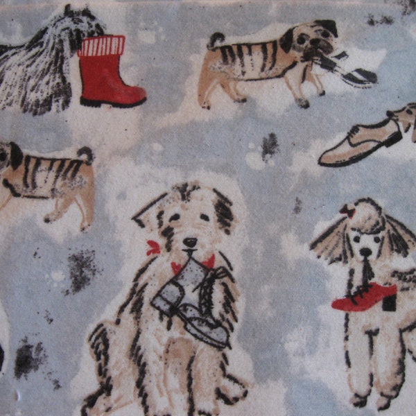 Flannel fabric Christmas dog sketch gray, puppy. 100% cotton. Sold by the yard, 42 inches wide. New not washed.