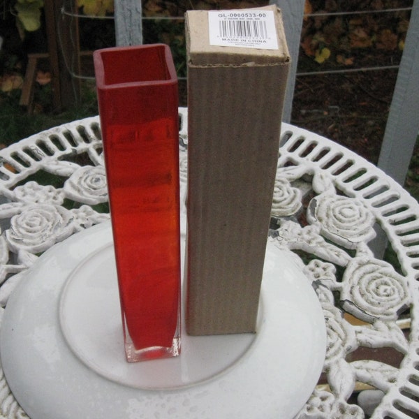 Vase, red, 1 1/2-inch square glass flower vase with box.  Nine inches tall.   Clear base.  New.  Not used.  Mother's Day.