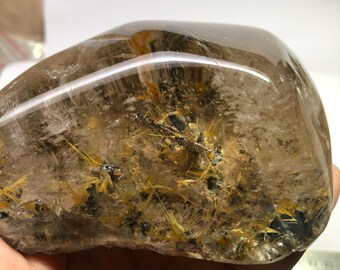 Natural Rutilated Quartz Freeform, 800 Gram Unique Tumbled Piece Crystal