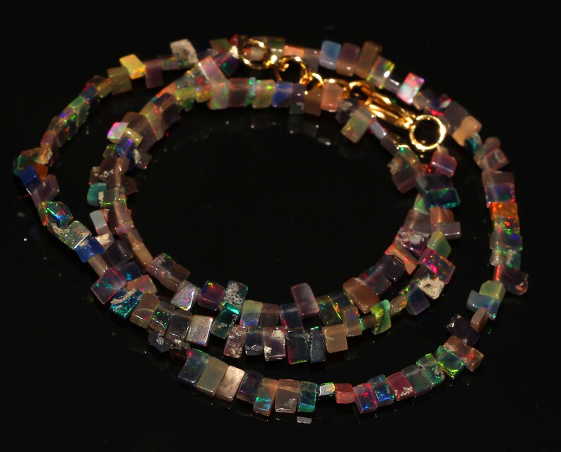 Excellent Super Top Quality,Natural Ethiopian Welo Fire Black Opal 3-7 MM Smooth Square Heishi Beads 16 Inch Strand,Necklace,Gift for her