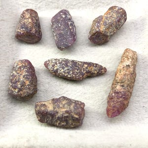 May include: Seven rough ruby gemstones with a deep red-purple hue and a textured, natural appearance. The stones vary in size and shape, with some showing hints of brown and tan. They are displayed on a white, textured surface.