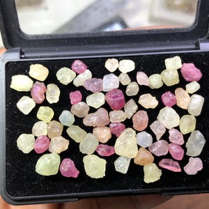Puede incluir: Una colección de gemas en bruto en una vitrina negra. Las gemas son de varios colores, incluyendo rosa, amarillo y transparente. Las piedras tienen forma irregular y parecen sin cortar.