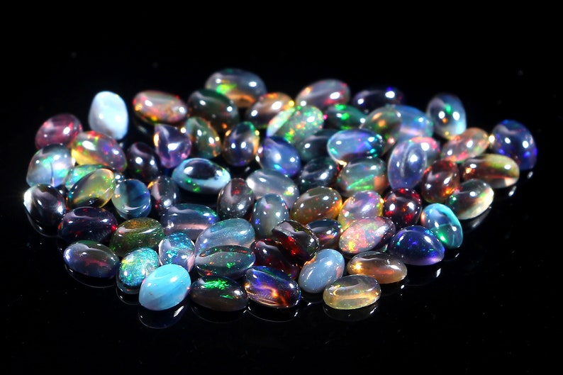 Loose Gemstone AAA+ Natural Ethiopian Black Opal 5X3 mm Oval Cabochon Welo Fire Opal 62 Piece Lot C8637 Excellent Quality