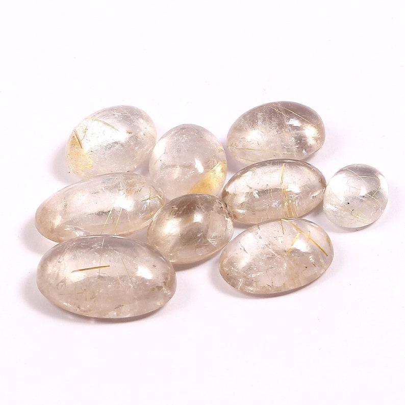 Beautiful Gemstone Size 105x8-18x13 MM Natural Untreated Golden Rutilated Quartz Loose Gemstone Smooth Plain Oval Cabochons 9 Piece Lot,