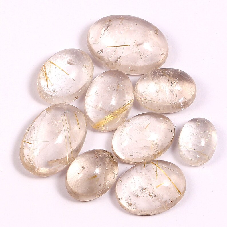 Beautiful Gemstone Size 105x8-18x13 MM Natural Untreated Golden Rutilated Quartz Loose Gemstone Smooth Plain Oval Cabochons 9 Piece Lot,