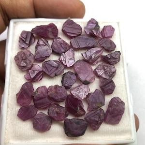 May include: A collection of raw, uncut ruby gemstones in varying shapes and sizes. The gemstones are a deep, rich pinkish-red color and are displayed in a white tray. The rough texture of the stones is visible.