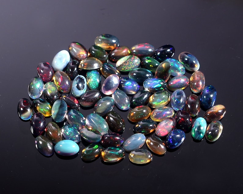Loose Gemstone AAA+ Natural Ethiopian Black Opal 5X3 mm Oval Cabochon Welo Fire Opal 62 Piece Lot C8637 Excellent Quality