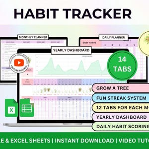 Puede incluir: Un rastreador de hábitos digital que se muestra en la pantalla de una computadora portátil. La pantalla muestra un panel anual, un planificador mensual y un planificador diario. Incluye un sistema de racha divertido, 12 pestañas por mes y puntuación de hábitos diarios. También incluye el texto "HABIT TRACKER".