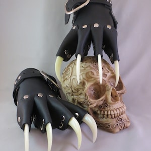 Black Leather Dragon Claws Gauntlets with White Claws