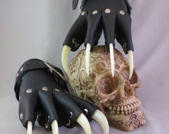 Black Leather Dragon Claws Gauntlets with White Claws