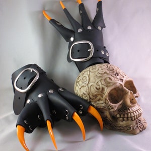 Black Leather Dragon Claws Gauntlets with Orange Claws