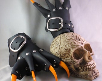 Black Leather Dragon Claws Gauntlets with Orange Claws