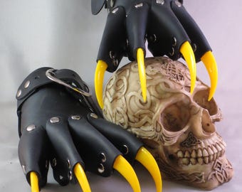 Black Leather Dragon Claws Gauntlets with Yellow Claws