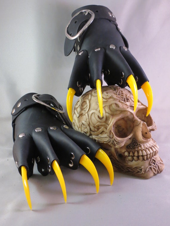 Black Leather Yellow Claw Gauntlets Gothic Gloves 