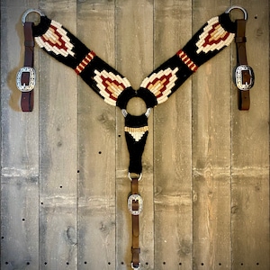 Custom Design and Color Breast Collar Handmade with 100% Mohair and leather tugs.  Stainless steel Horseshoe Brand Rings.  Horse Size