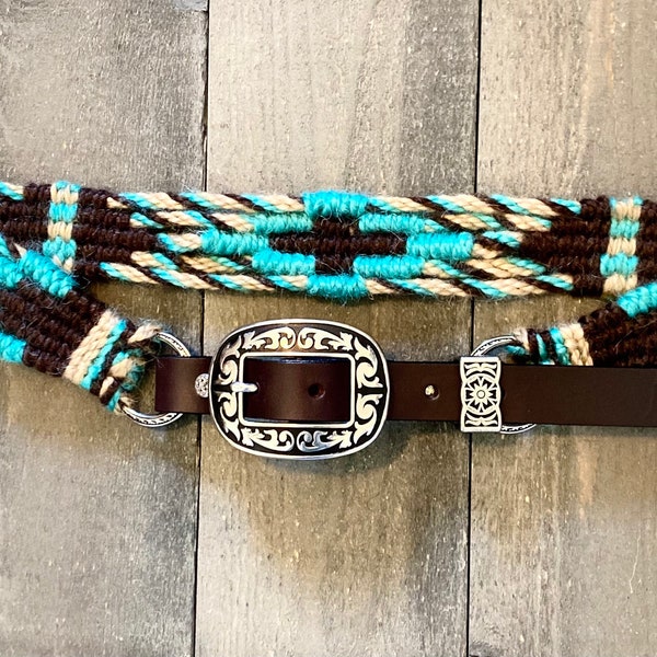 Custom Hand Braided Angora Mohair Belt with hand cut and dyed leather straps and HSB Stainless Steel Buckle, Keeper and D Rings